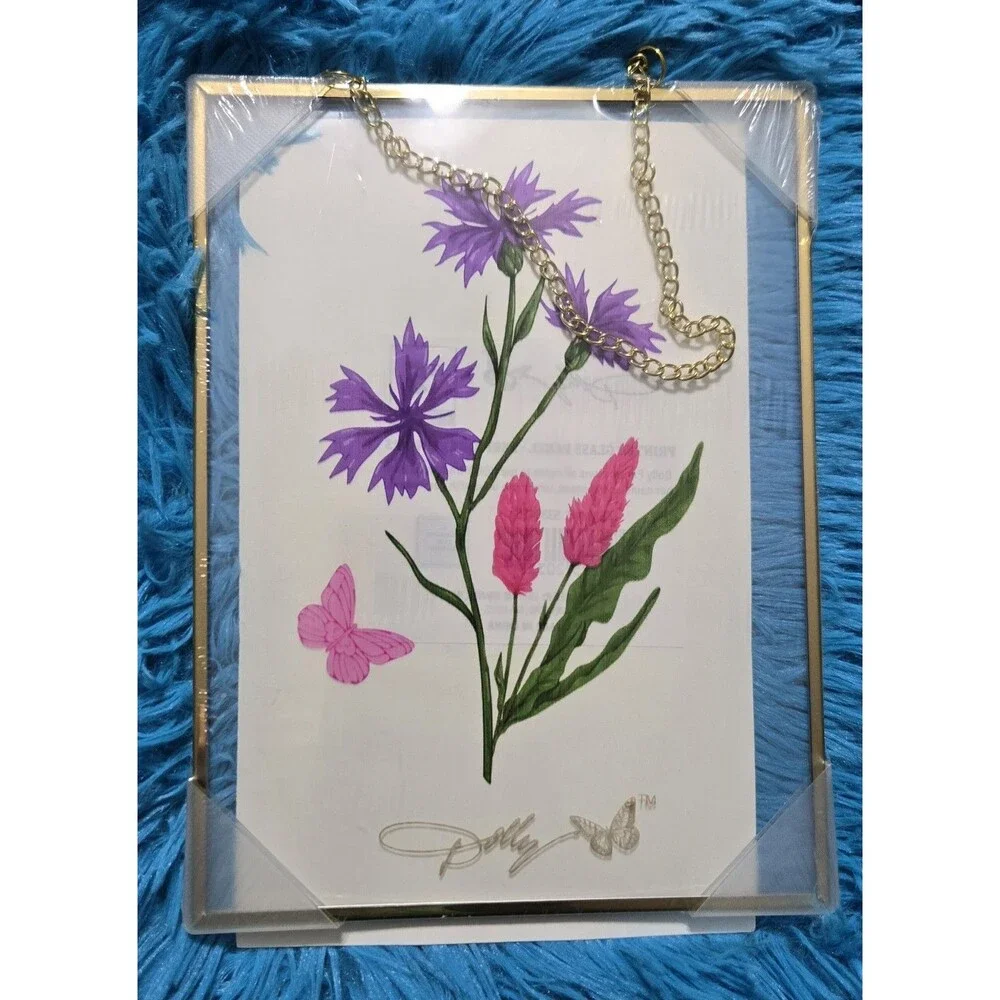 Dolly Parton Hanging Printed Glass Plaque Peri Blue Flowers wth Gold Chain 8